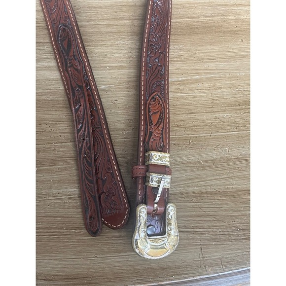Nocona Men's Leather Western Belt with Silver/ Bronze Buckle size 50 - Picture 6 of 7